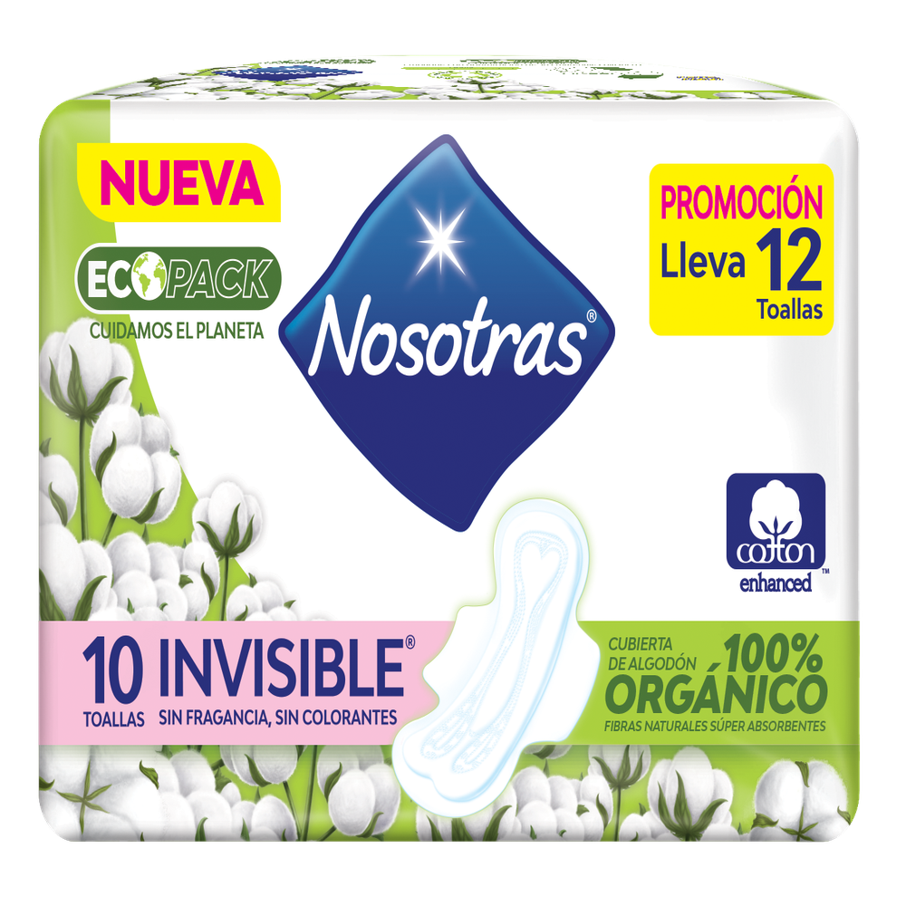 Toalla Higienica Nosotras Inivisible Organica x10 Toallas + 2 Toallas