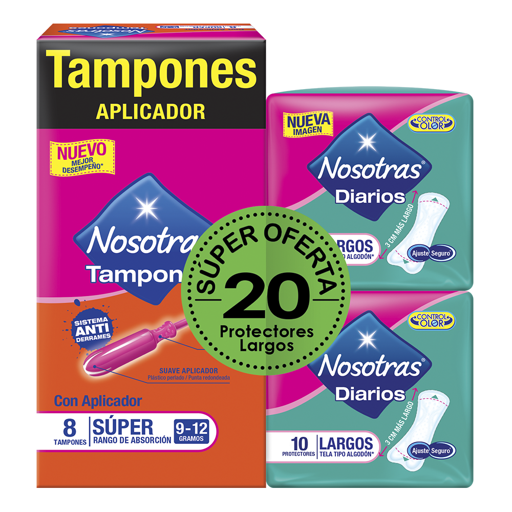 Tampones Nosotras Aplicador Súper 8 Tampones + 20 Protectores Largo