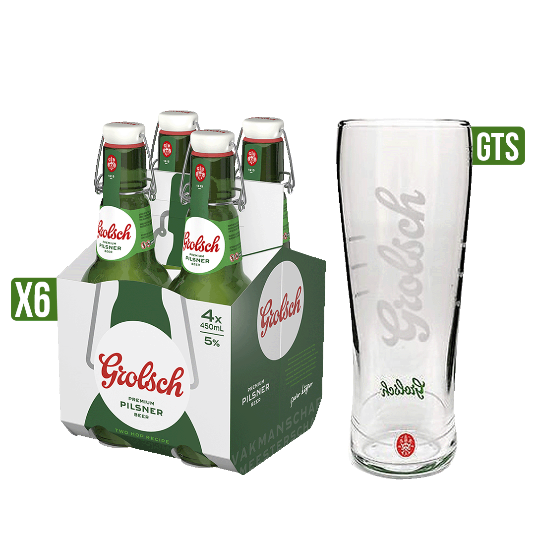 6Dp Cerveza Grolsch Premium Lager x4 botellas x450ml Gts Grolsch Master Vaso - 30 Cl