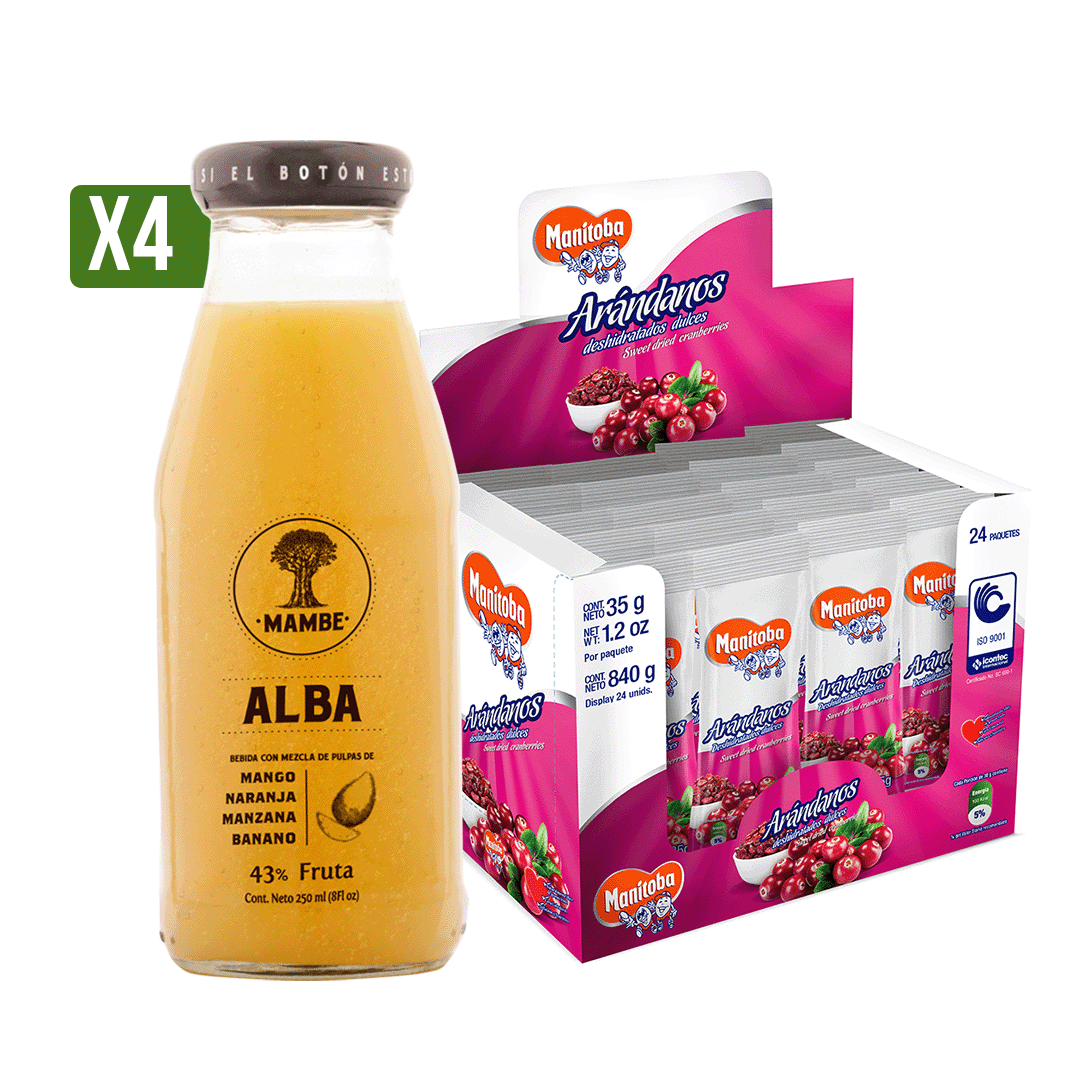 4Un Jugo Mambe Alba Con Mango,Naranja,ManzanaYBanano x250ml + 1Dp Arandanos Deshidratads x35gr