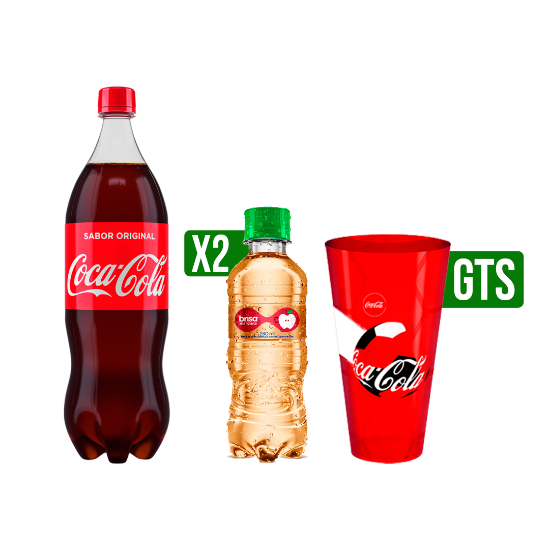 CocaCola Bot 1500ml   + 2Un Agua Brisa Manzana 280ml   Gts Vaso Hexa Coca cola