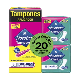 Tampones Nosotras Aplicador Regular x8 Tampones + 2 Protectores Largo x10