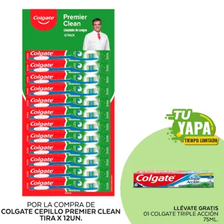 Colgate Cepillo Premier Clean. (Tira por 12 unidades) - GRATIS: 01 Colgate Triple Acción 75ml.