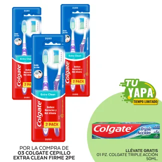 Colgate Cepillo Extra Clean Firme. 02 unidades en cada paquete. (03 unidades) - GRATIS: 01 Colgate Triple Acción 50ml.