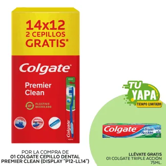 "Colgate Cepillo Dental Premier Clean. (Display """"P12-Ll14"""") - GRATIS: 01 Colgate Triple Acción 75ml."