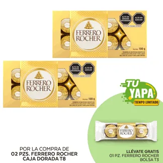 Ferrero Rocher Caja Dorada T8. (02 unidades) - GRATIS: 01 Ferrero Rocher Bolsa T3.