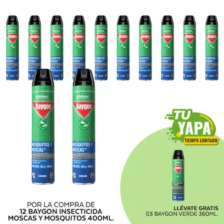 Baygón Insecticida Mosquitos y Moscas 400ml.(12 unidades) - GRATIS: 01 Baygón Verde 360ml.