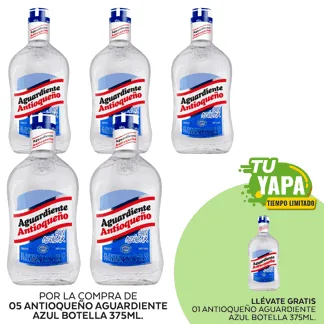 Antioqueño Aguardiente Azul. Botella 375ml. (05 unidades) - GRATIS: 01 Antioqueño Aguardiente Azul. Botella 375ml.