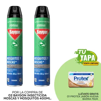 Baygón Insecticida Mosquitos y Moscas 400ml. (02 unidades) - GRATIS: 01 Protex Jabón Avena Barra 75gr.