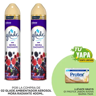 Glade Ambientador en Aerosol Mora Radiante 400ml. (02 unidades) - GRATIS: 01 Protex Jabón Avena Barra 75gr.