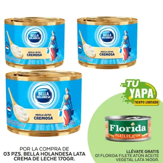 Bella Holandesa Lata Crema de Leche 170gr. (03 unidades) - GRATIS: 01 Florida Filete Atún Aceite Vegetal. Lata 140gr.