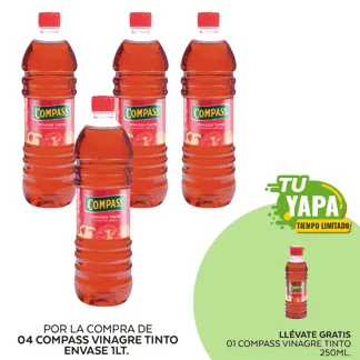 Compass Vinagre Tinto. Envase 1Lt. (04 unidades) - GRATIS: 01 Compass Vinagre Tinto. Envase 250ml.