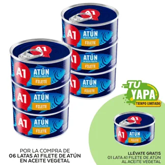A1 Filete Atún Aceite Vegetal. Lata 140g. (06 unidades) - GRATIS: 01 A1 Filete Atún Aceite Vegetal. Lata 140g.