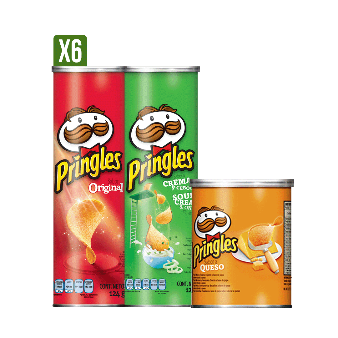 2Un Papas Pringles Original x124gr + 2Un Papas Pringles CremaCebolla x124gr + 2Un Papas Pringles Que