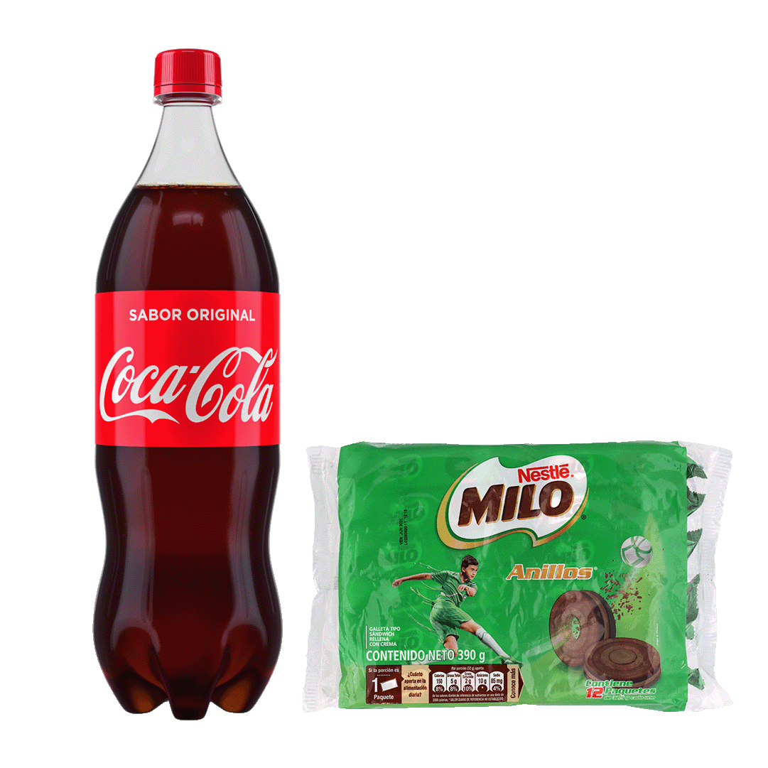 Gaseosa CocaCola Botella Petx1500ml + Galletas Milo Anillos x12Un x32.5gr