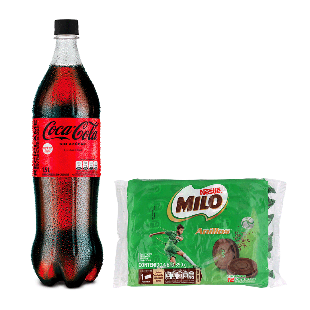 Gaseosa CocaCola Sin Azúcar Pet 1500ml + Galletas Milo Anillos x12Un x32.5gr