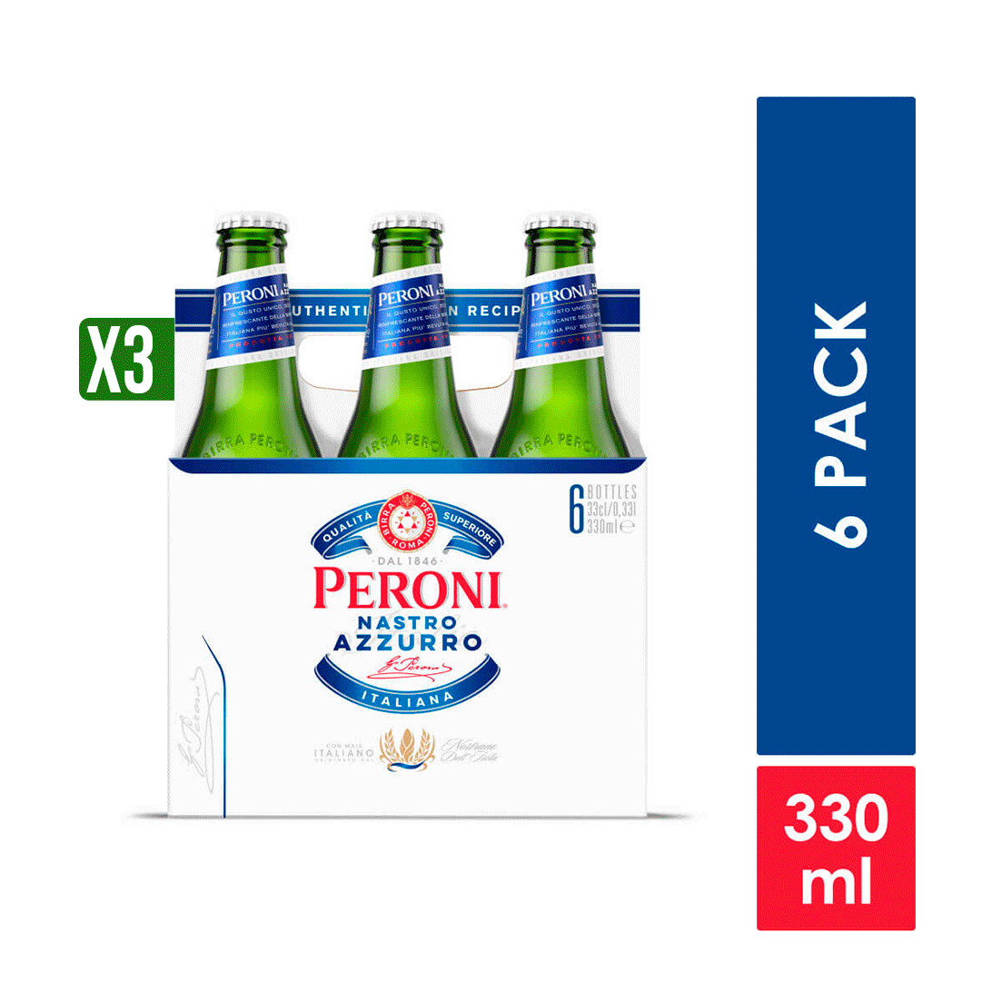 3Dp Cerveza Peroni Nastro Azzurro Italiana x6 botellas x330ml