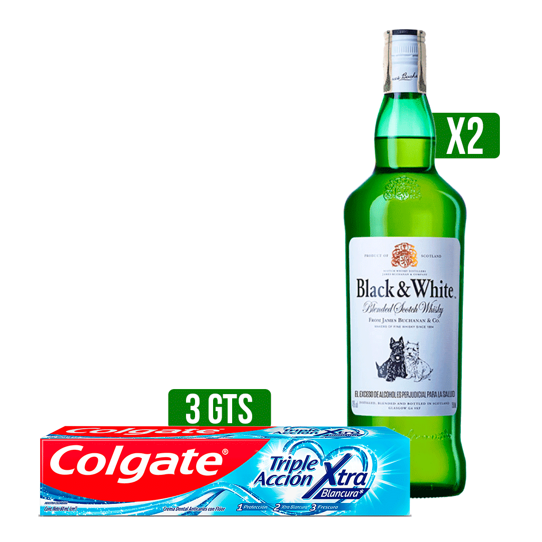 2Un Whisky B&W x700ml Gts 3Un Crema Dental Colgate Triple Acción Extra Blancura x60ml