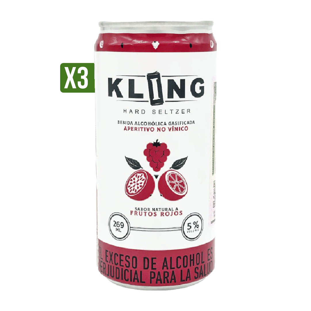 3Un Bebida Alcoholica Gasificada Kling Hard Seltzer Frutos Rojos x269ml