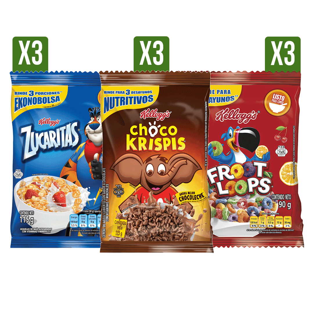 3Un Cereal Kellogg Megapaketicos(Choco Krispi+Zucaritas)x115gr+3Un Froot Loopsx90gr