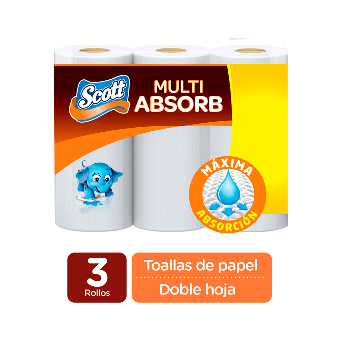 Toalla De Cocina Scott Multi Absorb Doble Hojas x3 Rollos x51 Hojas