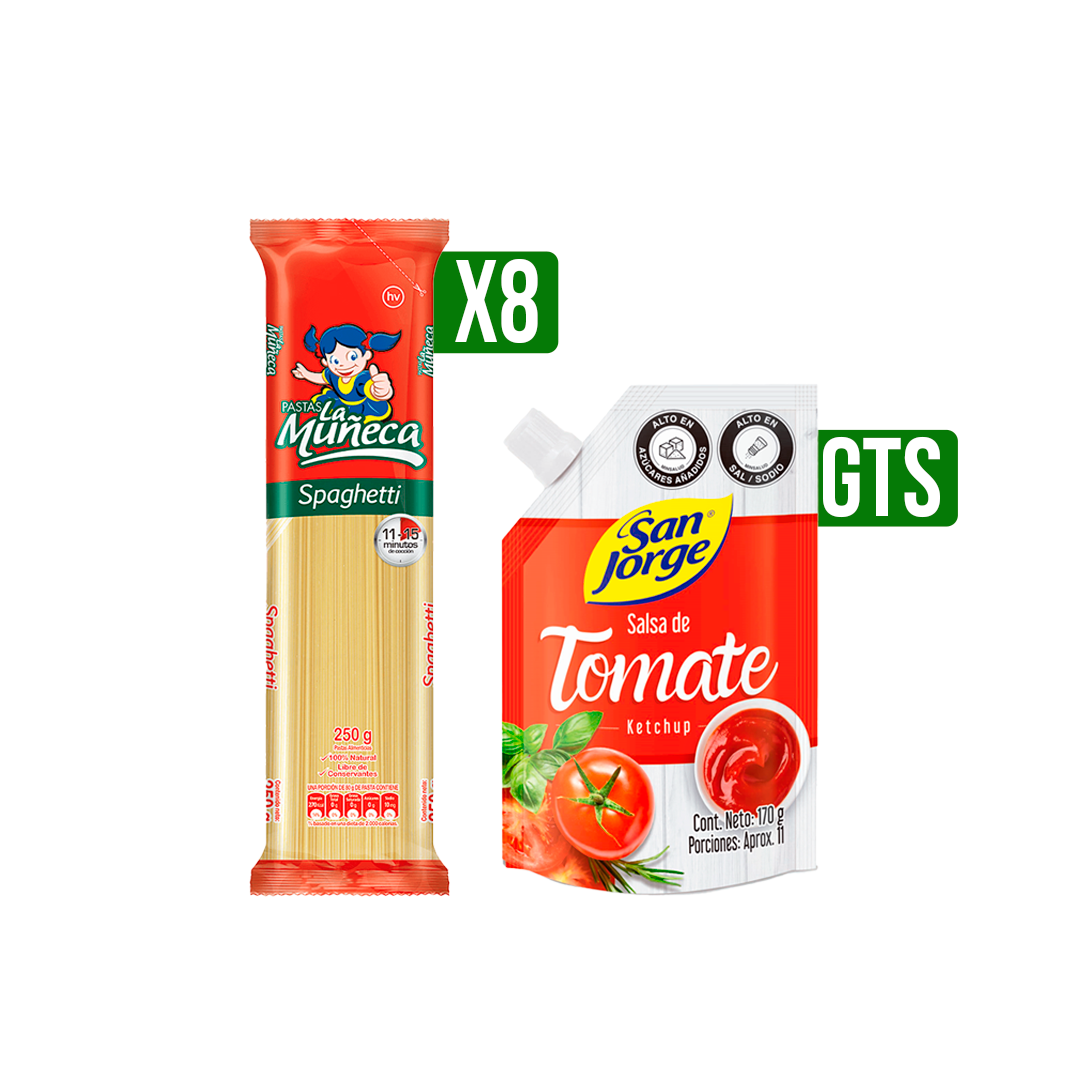8Un Pasta La Muñeca Espaguetti x250gr Gts 1Un Salsa de Tomate San Jorge Doy Pack x170gr