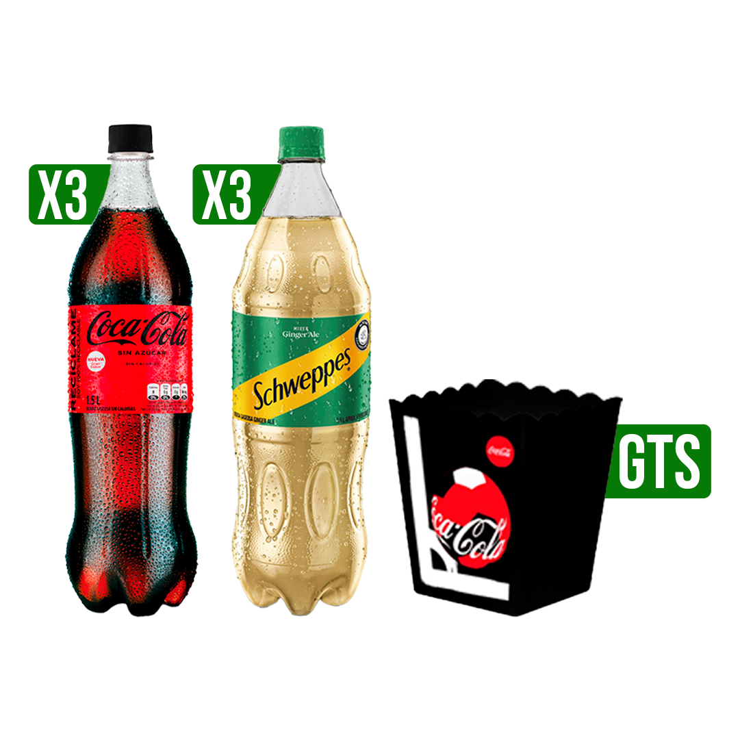 3Un (CocaCola Sin A + Schweppes Ginger) x1500ml   Gts crispetas CocaCola Surtido