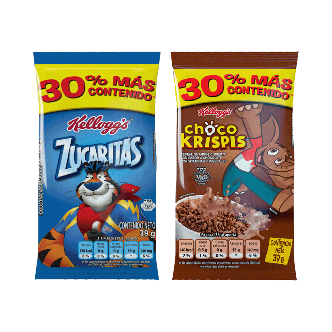 Cereal Kellogg Zucaritas Paketicos x8Un x39gr + Cereal Kellogg Choco Krispis Paketicos x8Un x39gr