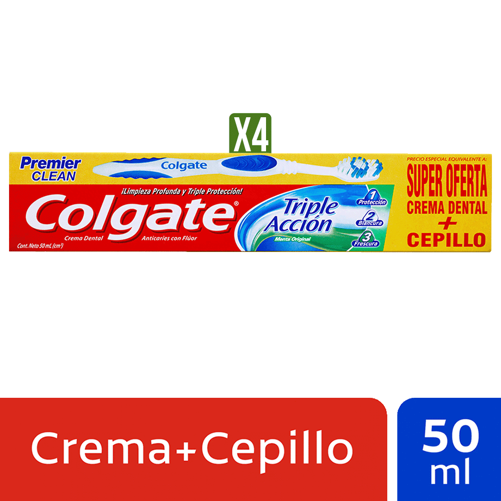 4Un Crema Dental Colgate Triple Acción x50ml + Cep Premier Clean