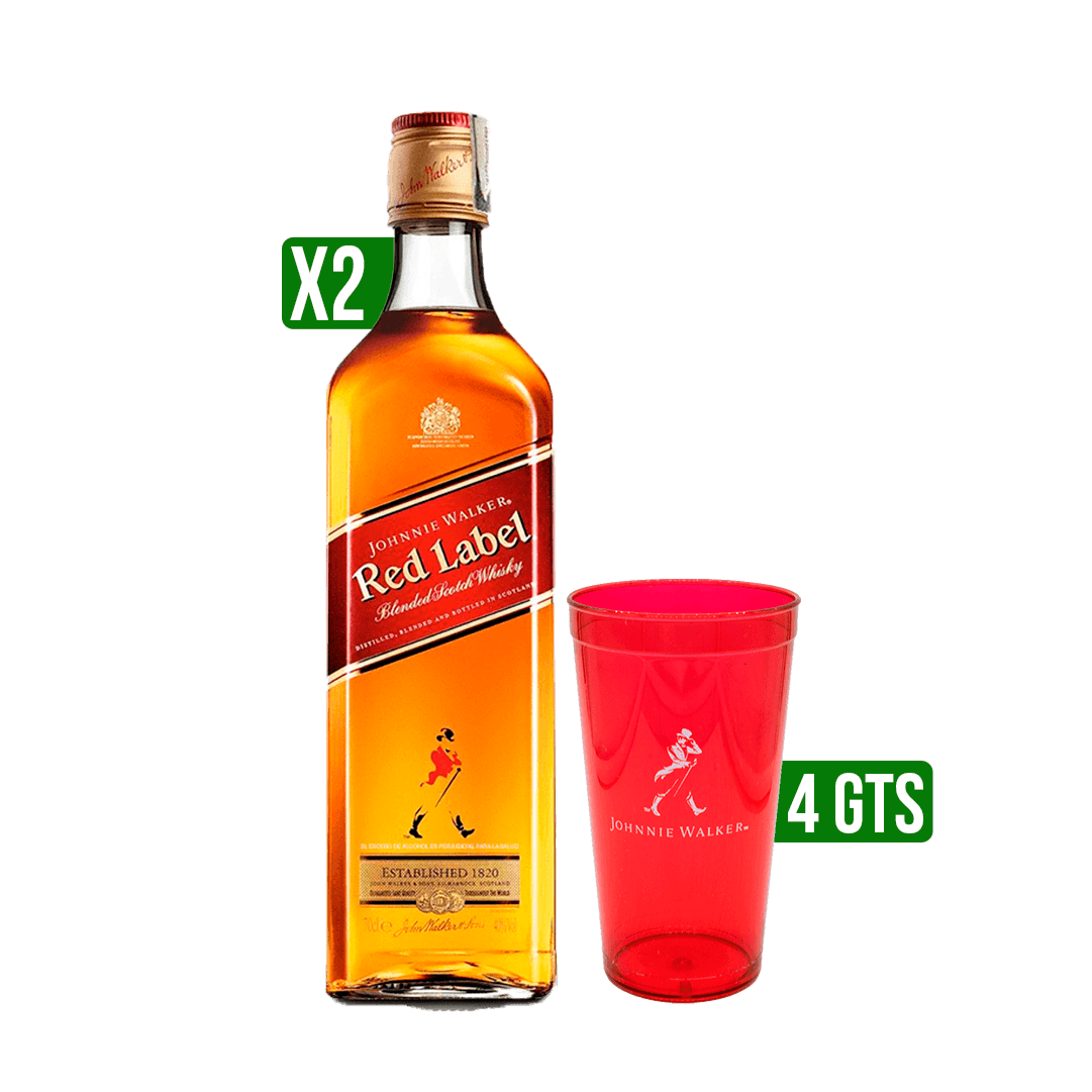 2 Whisky JWRed Label x700ml Gtis 4 Vaso Largo Plastico Jw Red