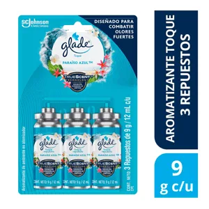 Ambientador Glade Toque Blister Paraiso Azul x 9 gr x 3 Uds