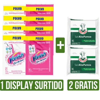 Display Desmanchador Vanish Polvo Surtido x12Un x30gr Gts 2Un Sal Refisal x500gr