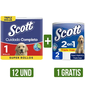 12 Und Papel Higiénico Scott Cuidado Completo TH x1 Gts Papel Higiénico Scott 2En1 Jumbo TH x2